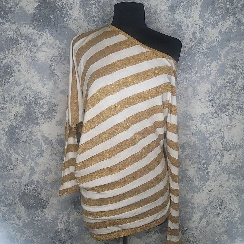 Mandee Asymmetric striped Long Sleeve Metallic Shiny Mini Dress Size M